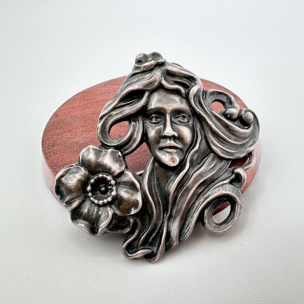 Antique Art Nouveau Sterling Silver Brooch Maiden with Flower, Gibson Girl Style - Picture 13 of 13